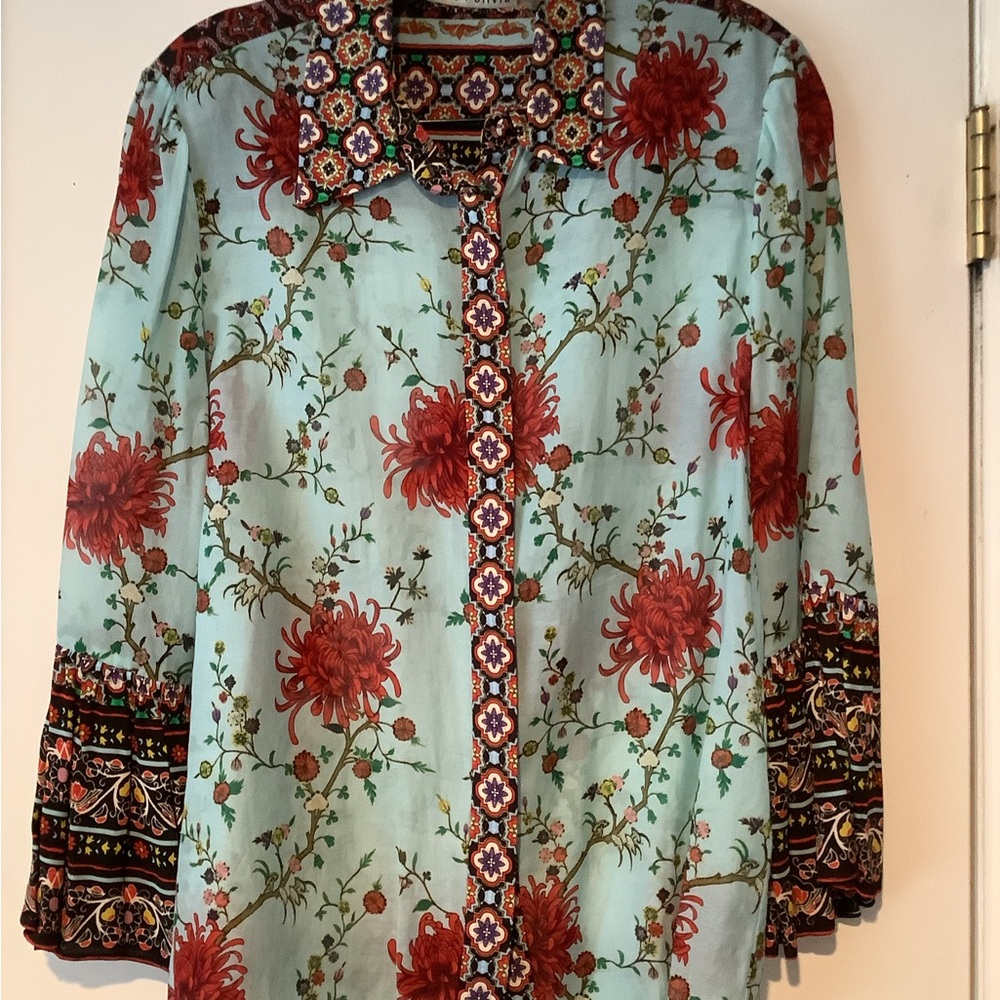 Floral Button-Up Shirt with Red and Blue Accents